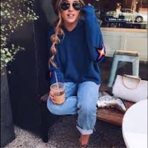 Wildfox Star Elbow Hoodie Fleece Sweatshirt Large Navy Blue